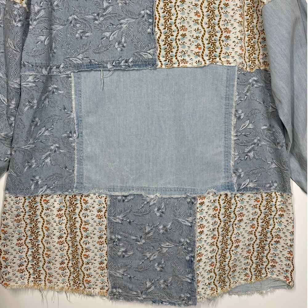 POL Patchwork Exposed Seam Button Up Top Chambray Floral Long Sleeve Boho Sz S - Picture 11 of 14